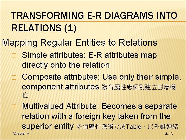 TRANSFORMING E-R DIAGRAMS INTO RELATIONS (1) Mapping Regular Entities to Relations � � Simple