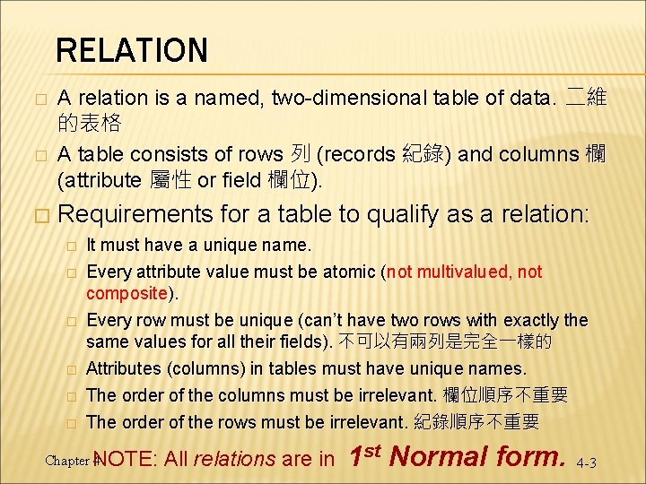 RELATION � � � A relation is a named, two-dimensional table of data. 二維