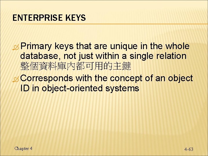 ENTERPRISE KEYS Primary keys that are unique in the whole database, not just within