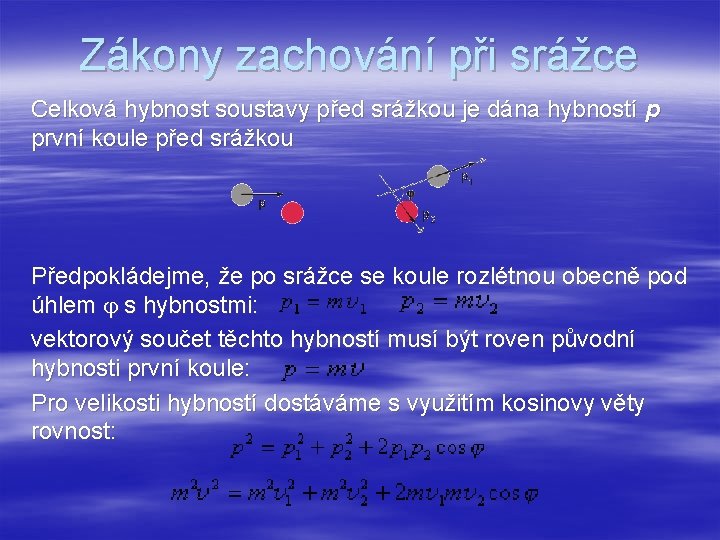 Zákony zachování při srážce Celková hybnost soustavy před srážkou je dána hybností p první