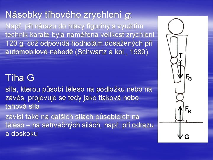 Násobky tíhového zrychlení g: Např. při nárazu do hlavy figuríny s využitím technik karate