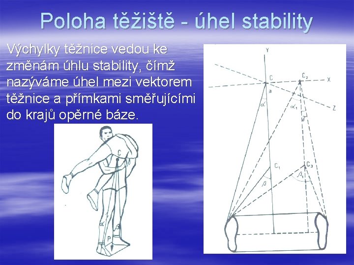 Poloha těžiště - úhel stability Výchylky těžnice vedou ke změnám úhlu stability, čímž nazýváme