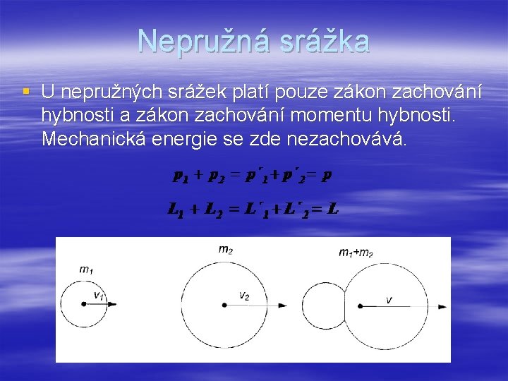 Nepružná srážka § U nepružných srážek platí pouze zákon zachování hybnosti a zákon zachování