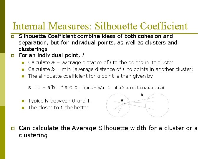 Internal Measures: Silhouette Coefficient p p Silhouette Coefficient combine ideas of both cohesion and Internal Measures: Silhouette Coefficient p p Silhouette Coefficient combine ideas of both cohesion and