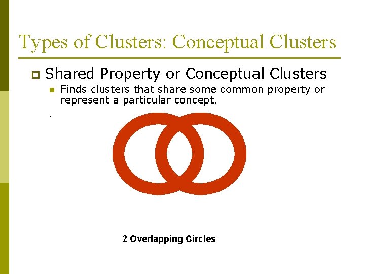 Types of Clusters: Conceptual Clusters p Shared Property or Conceptual Clusters n Finds clusters