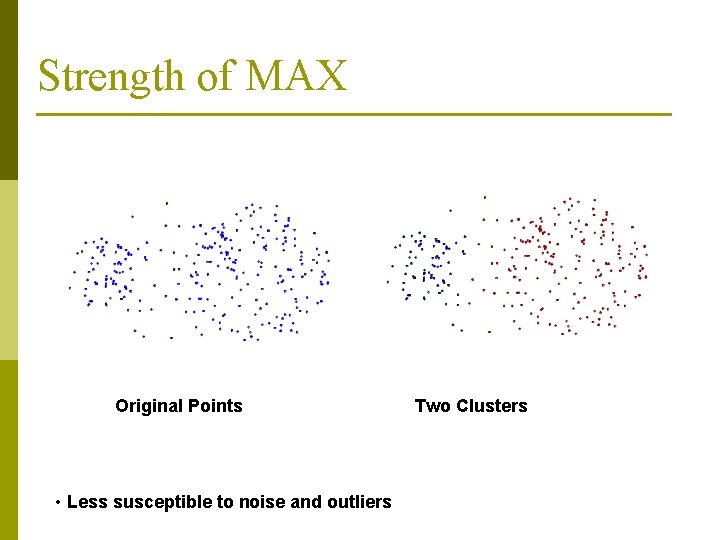 Strength of MAX Original Points • Less susceptible to noise and outliers Two Clusters