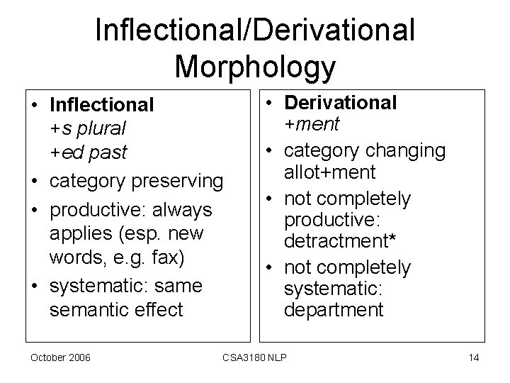 Inflectional/Derivational Morphology • Inflectional +s plural +ed past • category preserving • productive: always