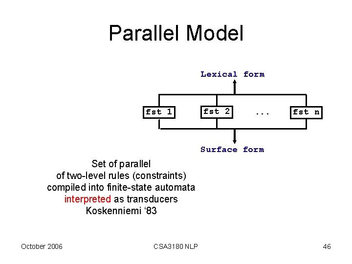 Parallel Model Lexical form fst 1 fst 2 . . . fst n Surface