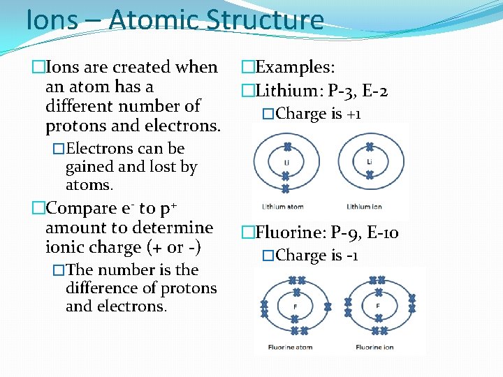 Ions – Atomic Structure �Ions are created when an atom has a different number