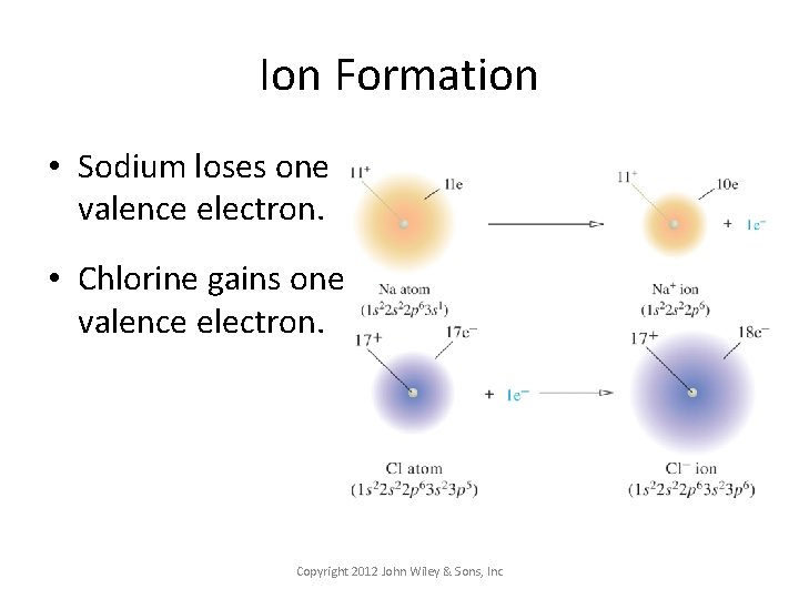 Ion Formation • Sodium loses one valence electron. • Chlorine gains one valence electron.