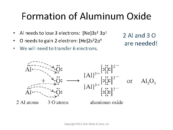 Formation of Aluminum Oxide • Al needs to lose 3 electrons: [Ne]3 s 2