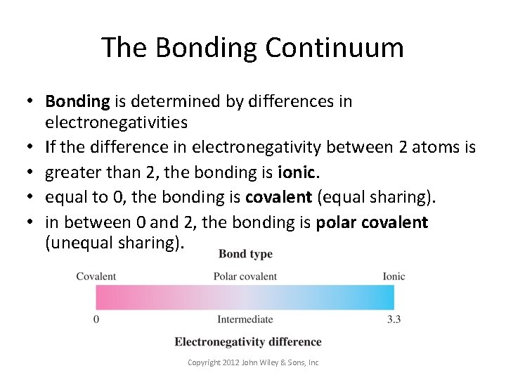 The Bonding Continuum • Bonding is determined by differences in electronegativities • If the