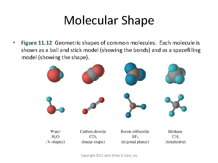 Molecular Shape • Figure 11. 12 Geometric shapes of common molecules. Each molecule is