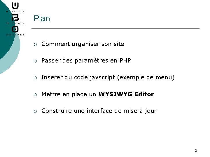 Plan ¡ Comment organiser son site ¡ Passer des paramètres en PHP ¡ Inserer