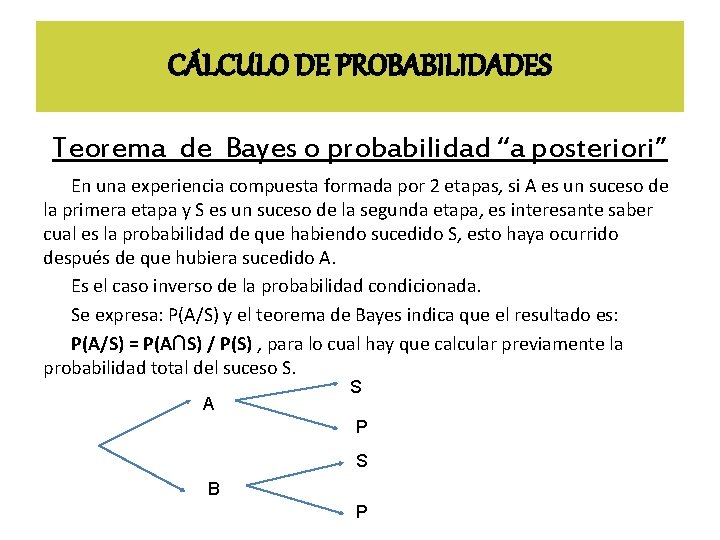 CÁLCULO DE PROBABILIDADES Teorema de Bayes o probabilidad “a posteriori” En una experiencia compuesta