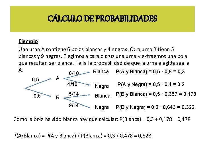 CÁLCULO DE PROBABILIDADES Ejemplo Una urna A contiene 6 bolas blancas y 4 negras.