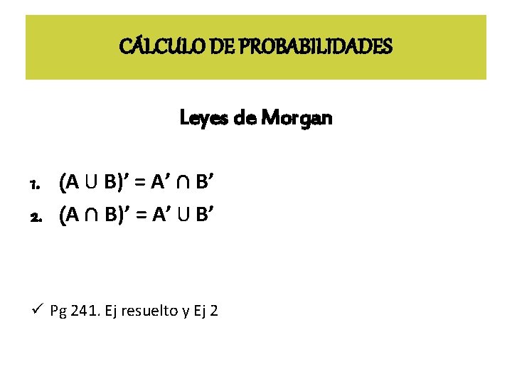 CÁLCULO DE PROBABILIDADES Leyes de Morgan 1. (A U B)’ = A’ ∩ B’