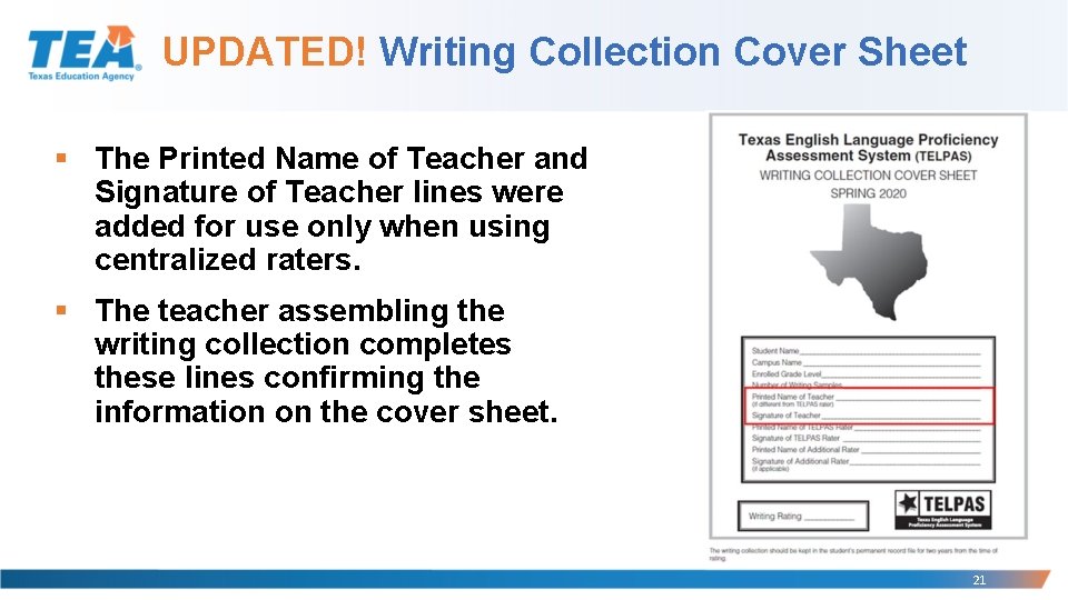 UPDATED! Writing Collection Cover Sheet § The Printed Name of Teacher and Signature of
