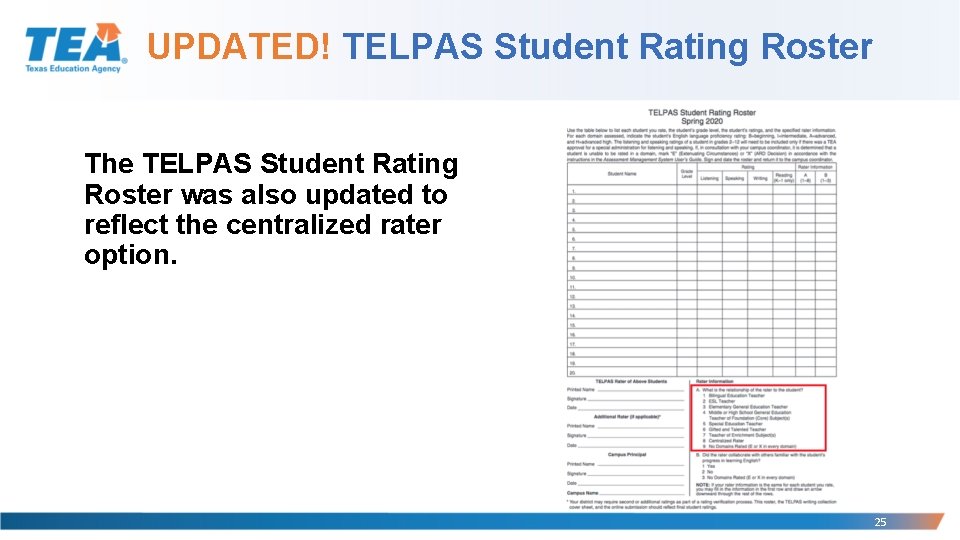 UPDATED! TELPAS Student Rating Roster The TELPAS Student Rating Roster was also updated to