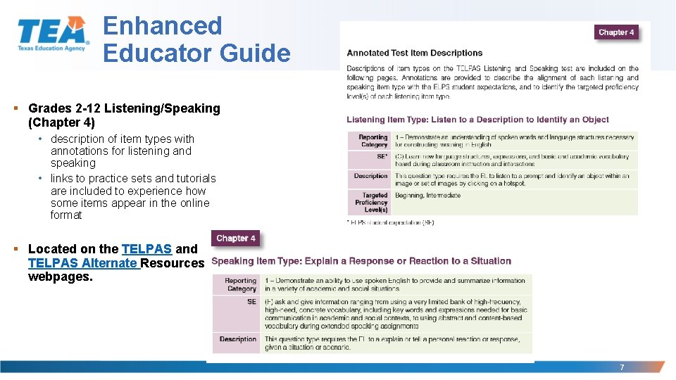 Enhanced Educator Guide § Grades 2 -12 Listening/Speaking (Chapter 4) • description of item
