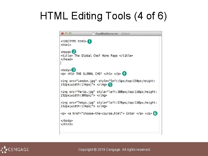 HTML Editing Tools (4 of 6) Copyright © 2019 Cengage. All rights reserved. 