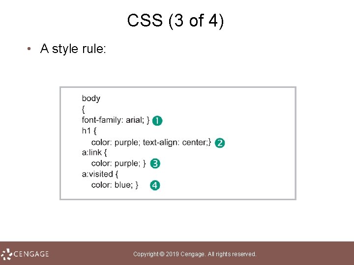 CSS (3 of 4) • A style rule: Copyright © 2019 Cengage. All rights