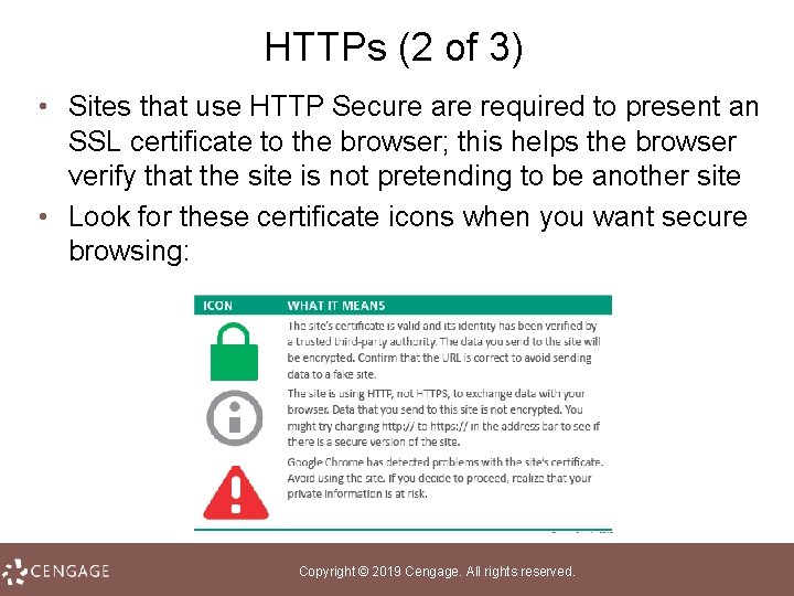 HTTPs (2 of 3) • Sites that use HTTP Secure are required to present