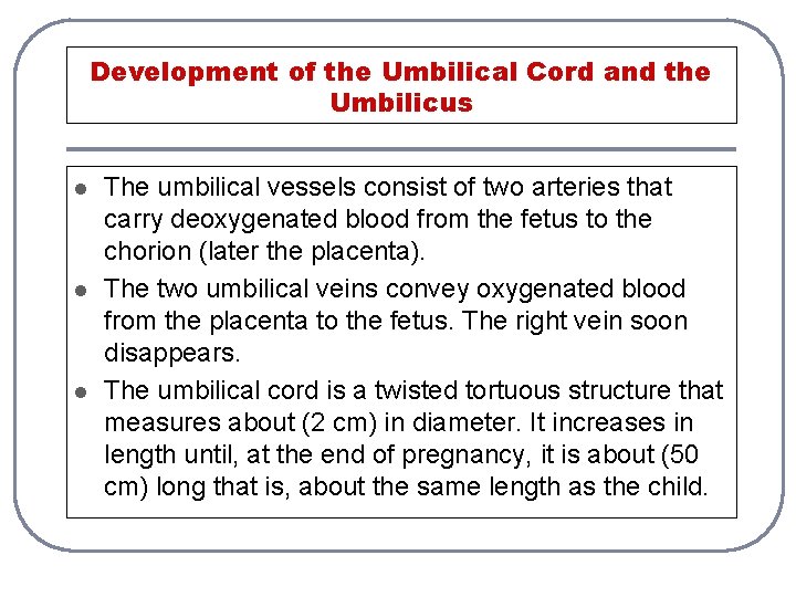 Development of the Umbilical Cord and the Umbilicus l l l The umbilical vessels