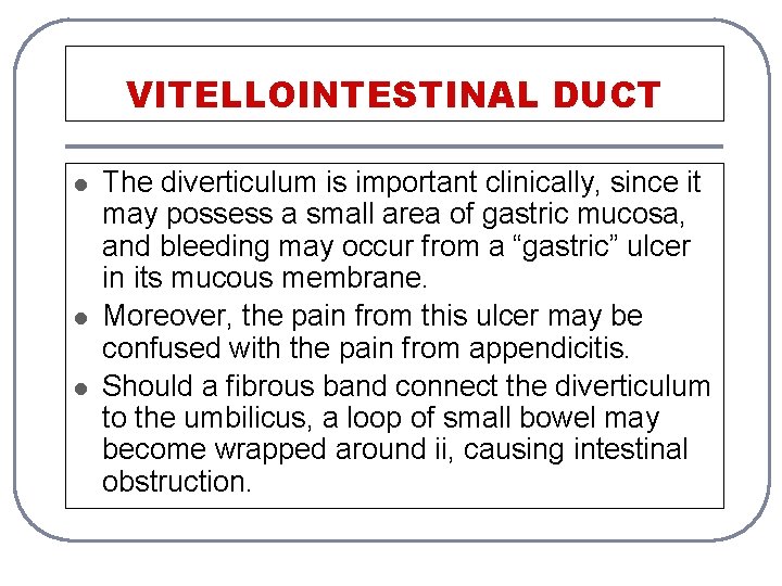 VITELLOINTESTINAL DUCT l l l The diverticulum is important clinically, since it may possess