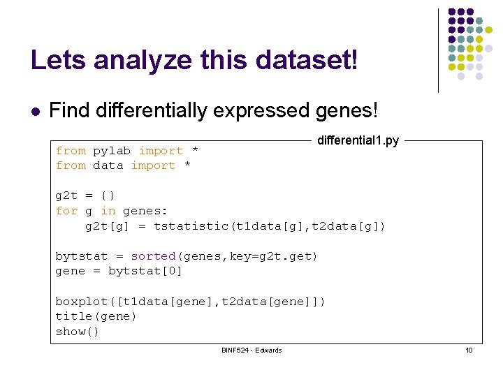 Lets analyze this dataset! l Find differentially expressed genes! differential 1. py from pylab