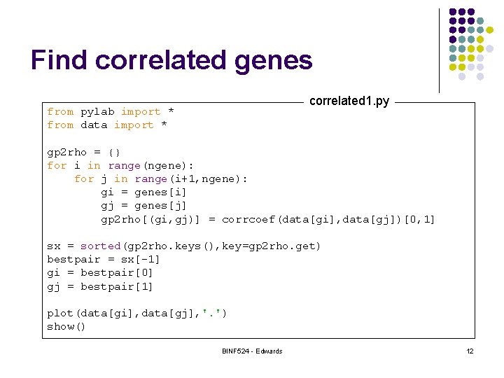 Find correlated genes correlated 1. py from pylab import * from data import *