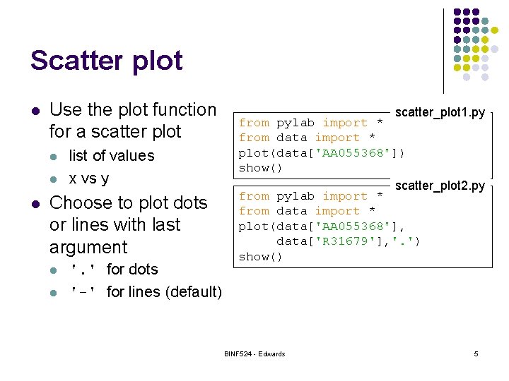 Scatter plot l Use the plot function for a scatter plot l list of