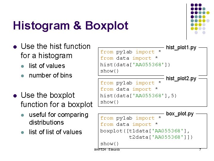 Histogram & Boxplot l Use the hist function for a histogram l list of