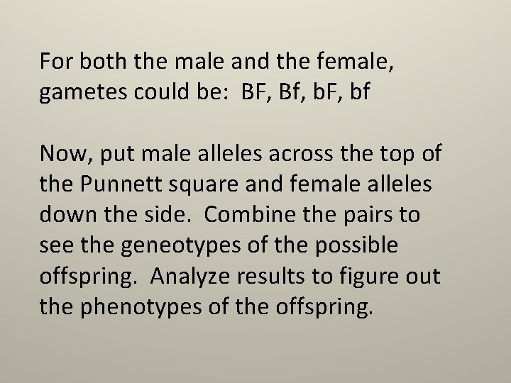 For both the male and the female, gametes could be: BF, Bf, b. F,