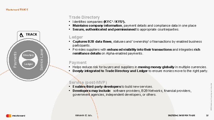 Mastercard TRACK Trade Directory • Identifies companies (KYC 1 / KYS 2). • Maintains