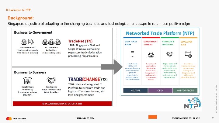 Introduction to NTP Background: © 2018 Mastercard. Proprietary and Confidential Singapore objective of adapting