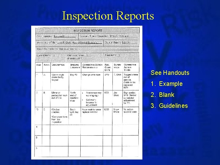 Inspection Reports See Handouts 1. Example 2. Blank 3. Guidelines 