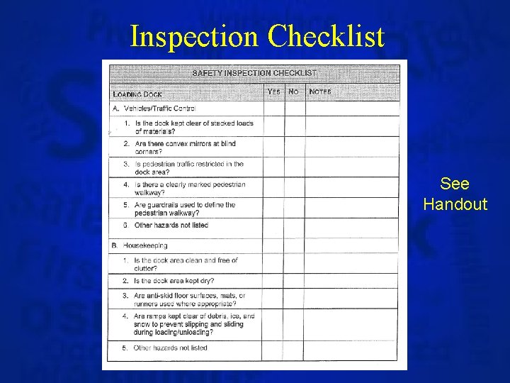 Inspection Checklist See Handout 