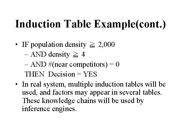 Induction Table Example(cont. ) • IF population density ≧ 2, 000 – AND density