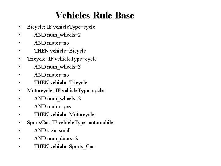 Vehicles Rule Base • • • • Bicycle: IF vehicle. Type=cycle AND num_wheels=2 AND