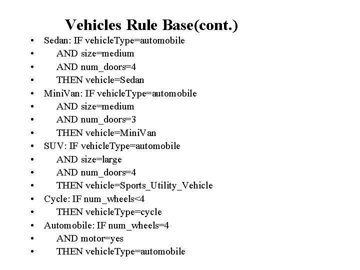 Vehicles Rule Base(cont. ) • • • • • Sedan: IF vehicle. Type=automobile AND