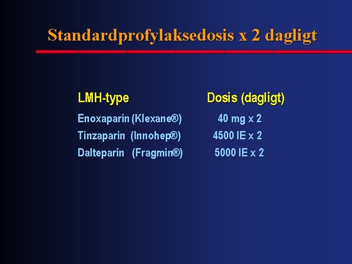 Standardprofylaksedosis x 2 dagligt LMH-type Enoxaparin (Klexane®) Tinzaparin (Innohep®) Dalteparin (Fragmin®) Dosis (dagligt) 40