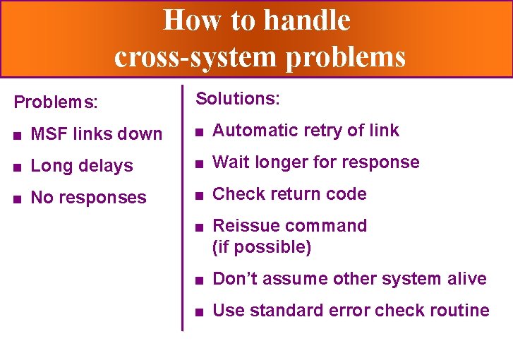 How to handle cross-system problems Problems: Solutions: n MSF links down n Automatic retry