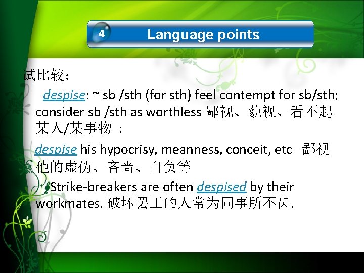 4 Language points 试比较： despise: ~ sb /sth (for sth) feel contempt for sb/sth;