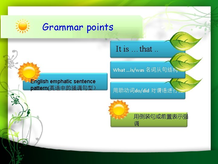 Grammar points It is …that. . What …is/was 名词从句结构 English emphatic sentence pattern(英语中的强调句型） 用助动词do/did