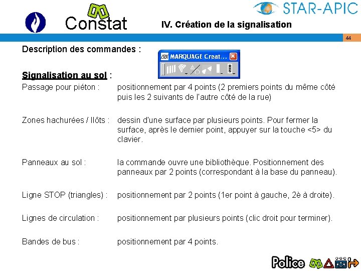 Constat IV. Création de la signalisation Description des commandes : Signalisation au sol :