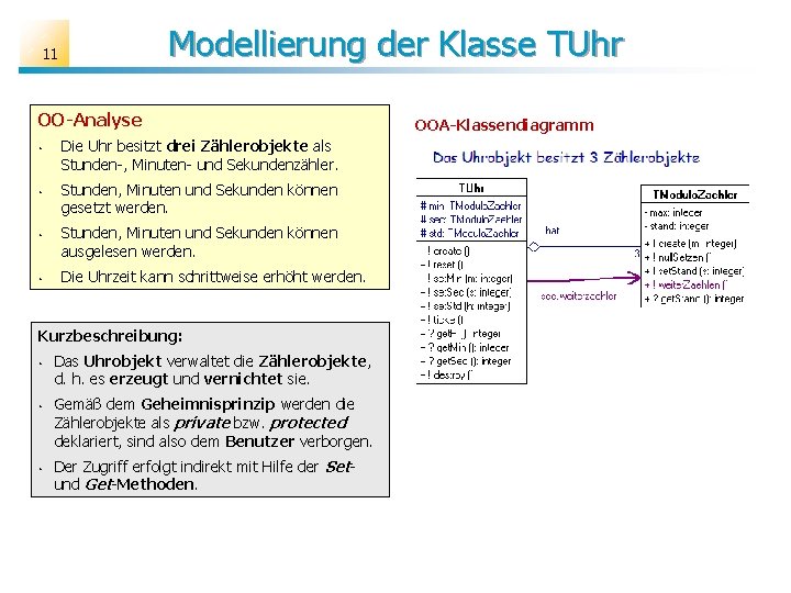 Modellierung der Klasse TUhr 11 OO-Analyse • • Die Uhr besitzt drei Zählerobjekte als