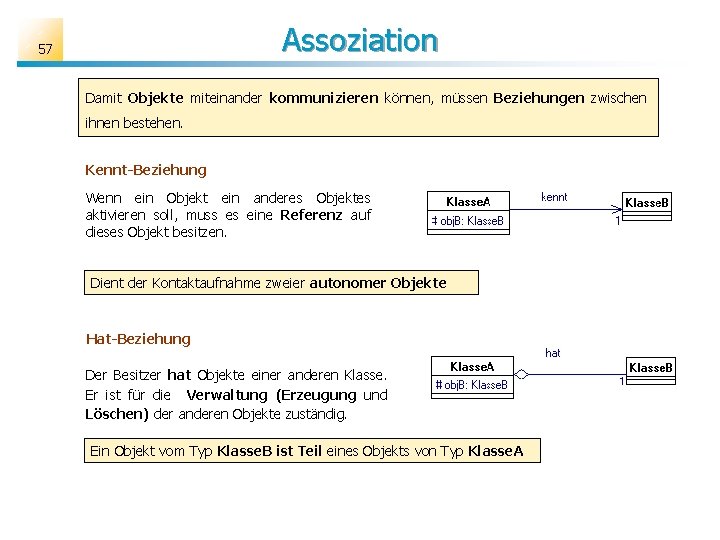 Assoziation 57 Damit Objekte miteinander kommunizieren können, müssen Beziehungen zwischen ihnen bestehen. Kennt-Beziehung Wenn