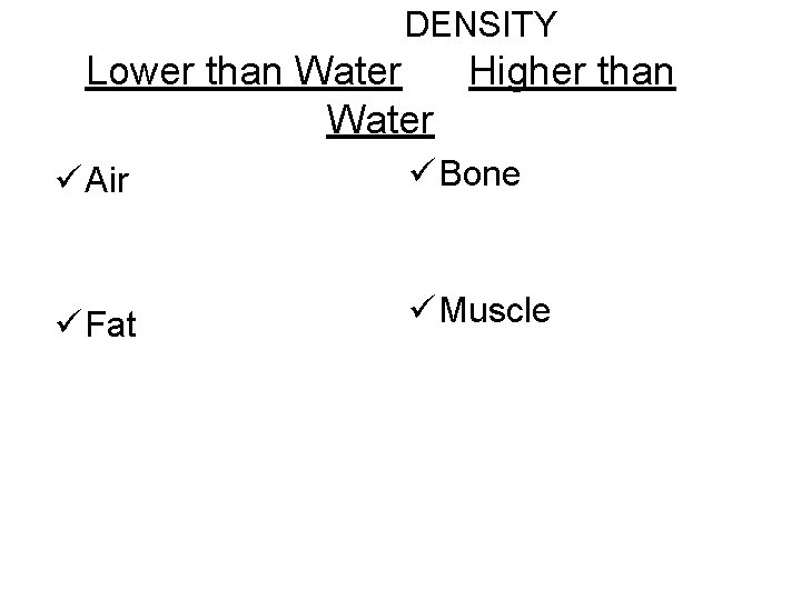 DENSITY Lower than Water Higher than Water ü Air ü Bone ü Fat ü