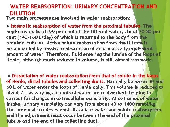 WATER REABSORPTION: URINARY CONCENTRATION AND DILUTION Two main processes are involved in water reabsorption: